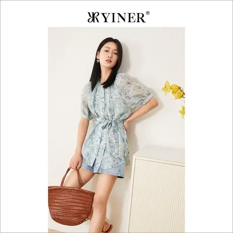 YINER音儿女装2022夏季新款碎花印花飘带雪纺衬衫商品大图