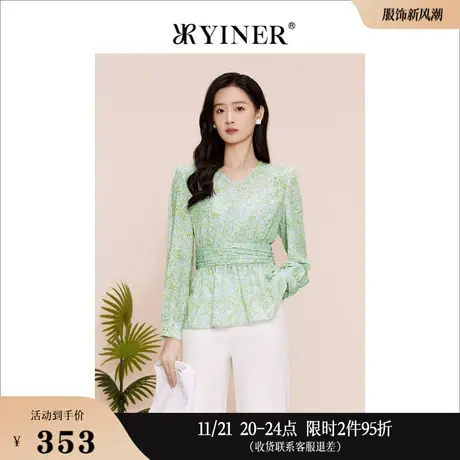 YINER音儿线上专选女装2023春季时尚碎花印花V领收腰衬衫上衣商品大图