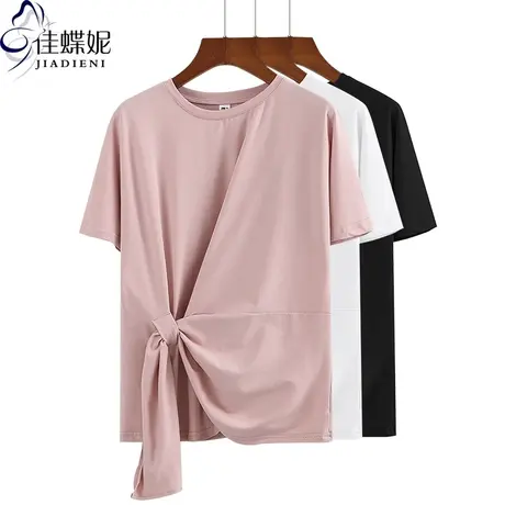 夏季新款韩版圆领纯白短款宽松绑带两穿短袖体恤上衣休闲女装商品大图