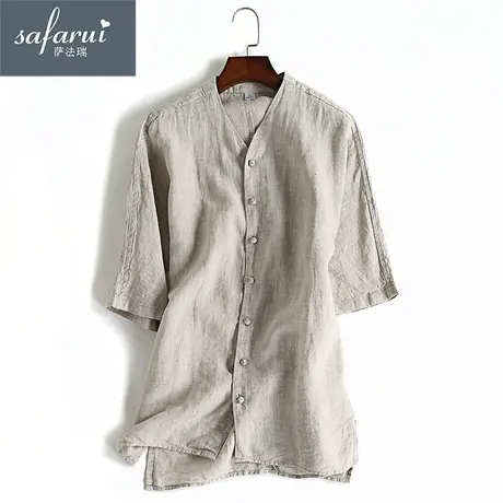 亚麻衬衫男短袖中国风夏季薄款宽松休闲棉麻五分袖无领男士衬衣潮图片