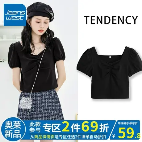 ZR真维斯黑色短款t恤女泡泡袖夏季 独特高腰方领抽褶短袖上衣显瘦商品大图