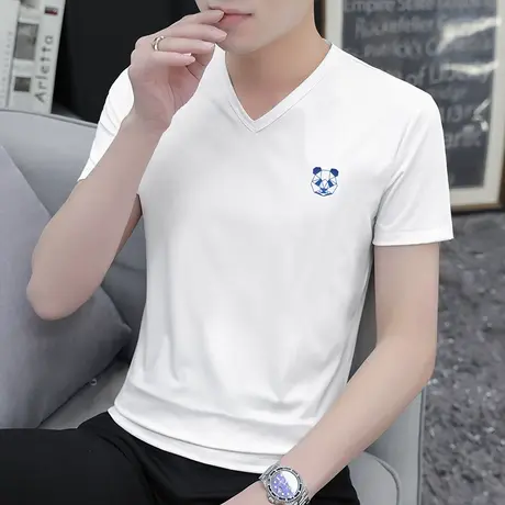 莫代尔白色t恤男士短袖V领夏季潮流小熊半袖冰丝冰感上衣服打底衫商品大图