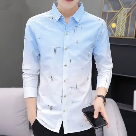 流行洋气男装渐变长袖衬衫男士韩版潮流帅气修身衬衣秋季痞帅寸衫商品大图
