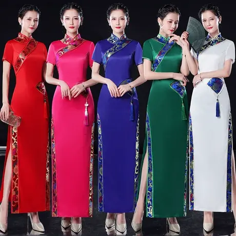 2025新款改良迎宾礼仪优雅舞台走秀演出服中国风长款开叉短袖旗袍商品大图