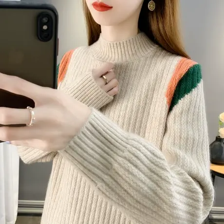 半高领打底衫秋冬2025新款内搭短款拼色毛衣宽松套头针织衫女加厚商品大图