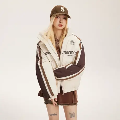 复古潮牌拼接短款保暖棉服女冬季加厚外套2023新款宽松面包服棉衣商品大图