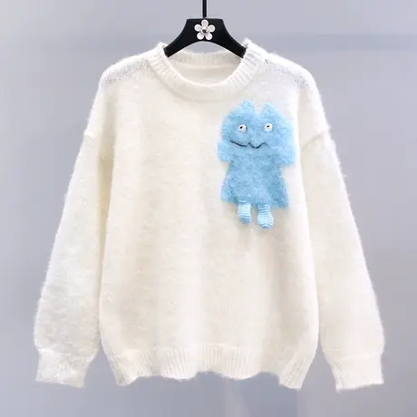 日系卡通圆领毛衣女秋冬2023新款宽松慵懒风温柔软糯减龄针织衫商品大图