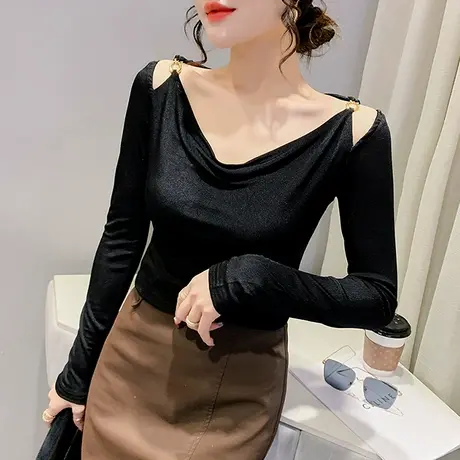性感修身打底衫女春秋2024新款露肩漏锁骨长袖T恤洋气内搭上衣潮商品大图
