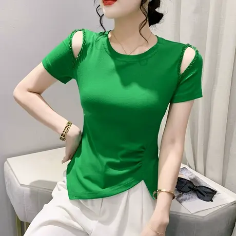 性感露肩短袖T恤女欧货时尚洋气修身小衫设计感不规则开叉上衣ins图片