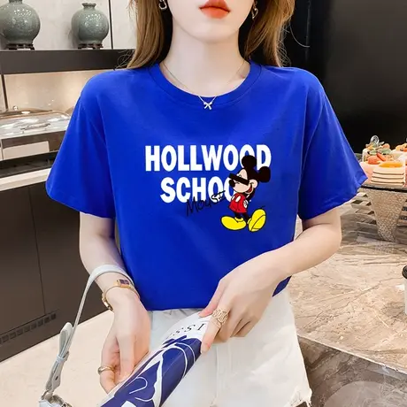 克莱因蓝短袖t恤女2024夏季新款纯棉宽松米奇印花体恤上衣ins潮牌商品大图