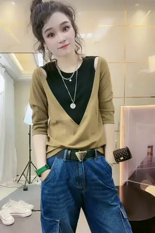 t恤女2023新款早秋休闲露肩五分袖韩版时尚百搭显瘦洋气小众上衣商品大图