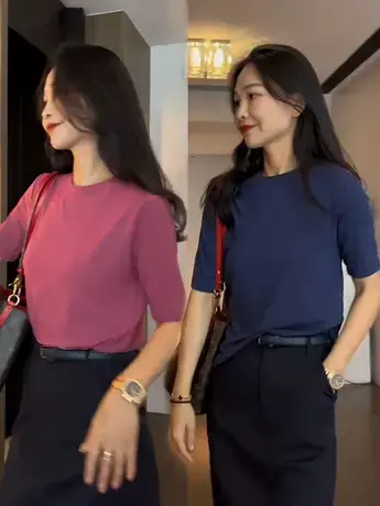 莫代尔小圆领简约纯色净版中袖T恤女新款韩版时尚显瘦打底衫潮款商品大图