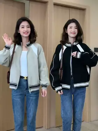 棒球服外套女秋季新款2023年小个子欧货宽松百搭圆领开衫上衣女装图片