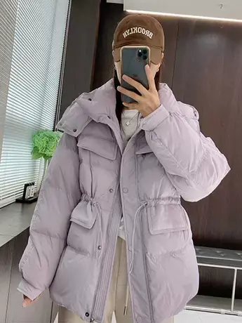 2023新款羽绒服女中长款韩系宽松收腰白鸭绒加厚立领连帽外套冬季商品大图