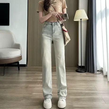 高腰阔腿牛仔裤女2024年春秋新款窄版修身显瘦复古做旧ins直筒裤商品大图