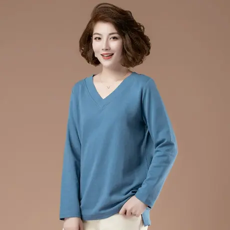 秋季新款中年妈妈显瘦打底衫上衣加肥加大码女装宽松V领长袖t恤图片