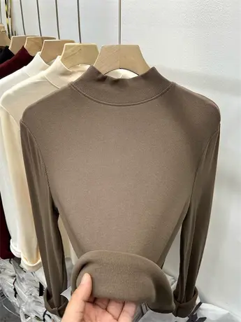 欧货纯色半高领简约针织衫女长袖2023秋冬软糯加薄绒毛衣慵懒上衣商品大图