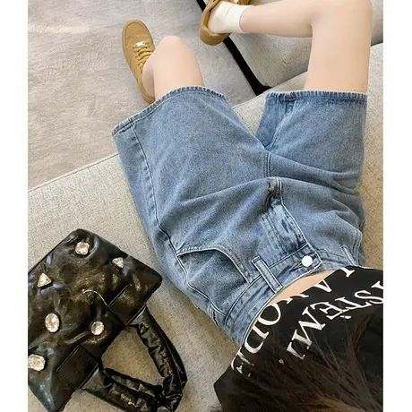 蓝色牛仔短裤女夏季宽松高腰显瘦设计感小众刺绣直筒阔腿五分裤子商品大图
