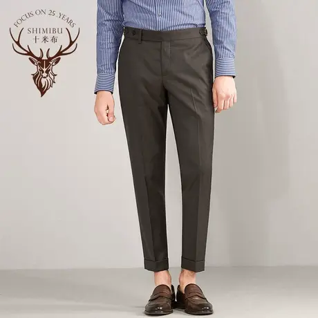 十米布那不勒斯西裤男羊毛混纺巴黎扣单折翻边商务修身棕色裤子商品大图