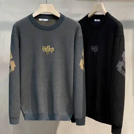 男装2023秋冬季新款微落肩圆领针织衫男士厚款撞色提花毛衣男外套商品大图