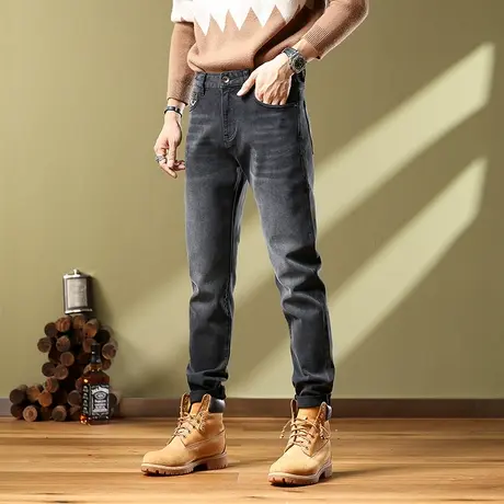 美式高街牛仔裤男士修身百搭拼接牛仔裤时尚潮流印花百搭牛仔裤商品大图