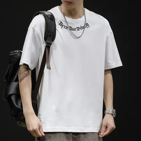 白色短袖t恤男士潮牌大码夏季2024新款衣服男款纯棉男装刺绣体恤商品大图
