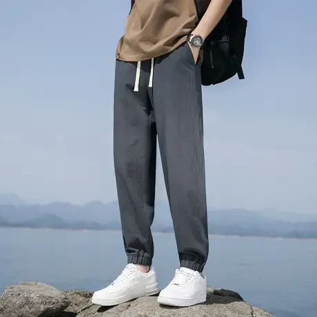裤子男款亚麻休闲裤夏季薄款冰丝束脚裤宽松九分棉麻男生夏天长裤图片