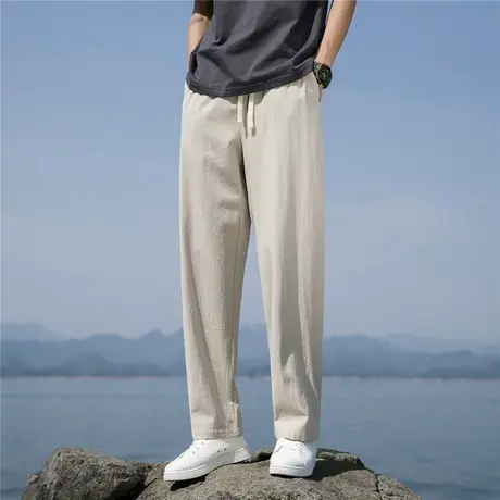 夏季中国风亚麻裤子男宽松大码休闲裤复古风透气直筒汉服棉麻裤子图片