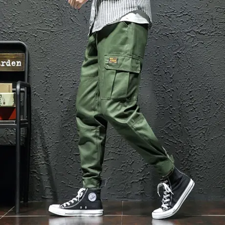 复古工装裤男多口袋宽松魔术贴束脚大码干活穿的裤子军绿色劳保裤商品大图