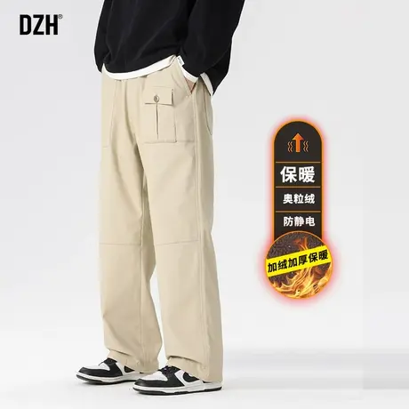 男士加绒加厚裤子男款美式高街秋冬2024新款卡其色休闲裤直筒长裤商品大图