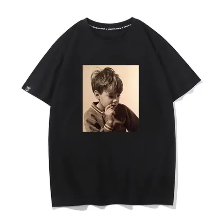 秀洛美式复古人像印花vintage宽松大码短袖T恤chic小众设计感上衣商品大图