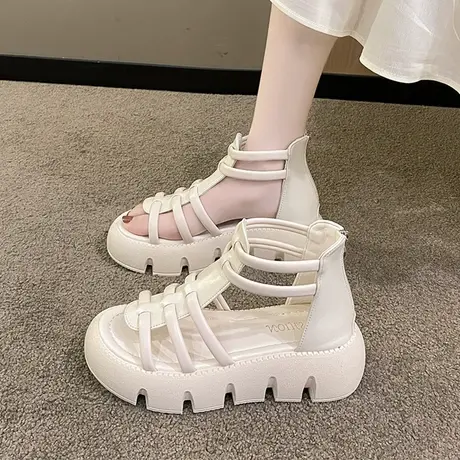 编织厚底罗马凉鞋女2023春夏季新款平底鱼嘴松糕凉靴休闲镂空靴子商品大图