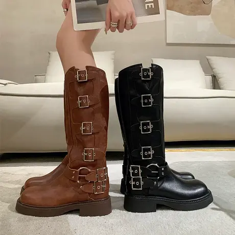 不过膝长筒靴女小个子棕色复古长靴皮带扣厚底西部牛仔高筒骑士靴图片