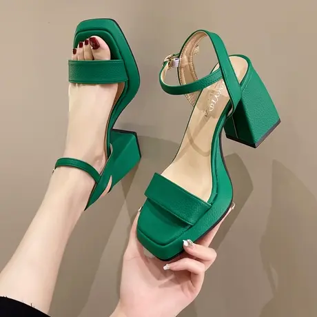 高跟鞋女粗跟2024超火凉鞋时尚凉鞋女鞋夏季新款厚底一字带罗马鞋商品大图