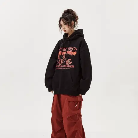 YEP黑色玫瑰印花连帽卫衣女春秋2024年新款复古宽松外套上衣国风商品大图