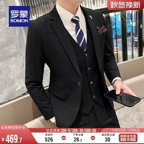 罗蒙格子西装男春季新款商务休闲职业西服套装结婚新郎礼服三件套图片
