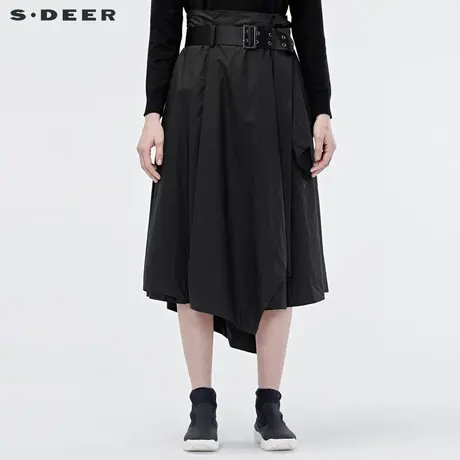 sdeer 圣迪奥2019秋收腰搭片暗褶不规则摆纯黑半身裙S19181117图片