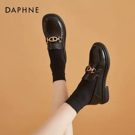 达芙妮黑色小皮鞋女英伦风复古粗跟方头单鞋乐福鞋一脚蹬秋冬百搭图片