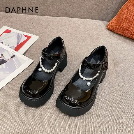 达芙妮法式玛丽珍鞋女2021新款秋季复古英伦风黑色厚底增高小皮鞋图片