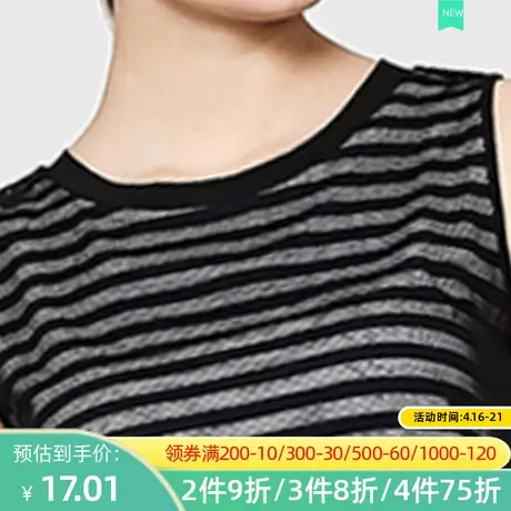 【断码S】秋水伊人2020夏装新款无袖网纱假条纹黑色t恤女FV202图片