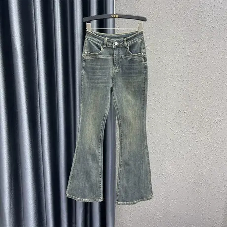 欧货韩版微喇裤女24春季新款复古高腰修身显瘦高弹力百搭牛仔长裤图片