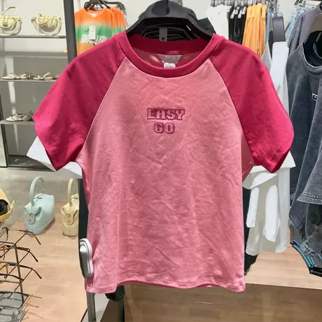 仓库清仓~春夏新款欧美风潮流字母拼色短袖休闲T恤女百搭短款上衣商品大图