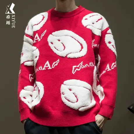 希越红色本命年毛衣男冬季宽松大码重磅1220g立体提花男士针织衫商品大图