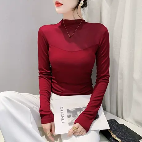 半高领打底衫长袖2024春秋新款网纱镂空拼接气质上衣女内塔T恤潮商品大图