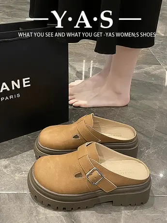 复古粗跟厚底勃肯鞋女2024年新款春秋季懒人一脚蹬博肯包头半拖鞋商品大图