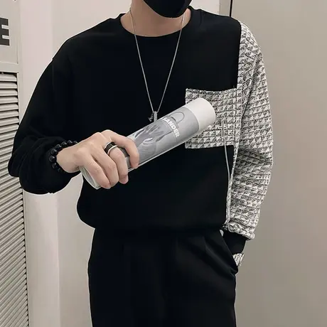 秋季高级感拼接卫衣ins潮牌长袖t恤衫套头小香风上衣打底潮男体恤商品大图