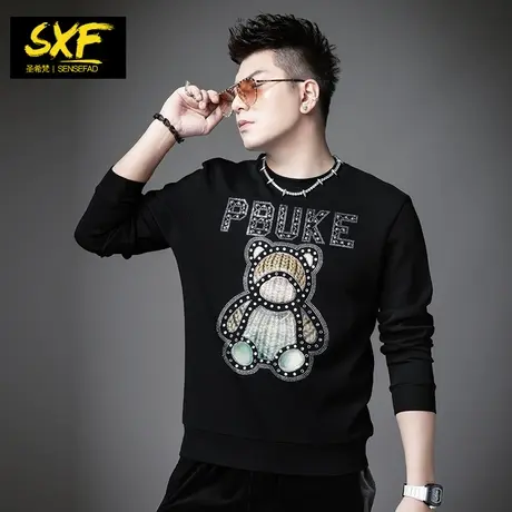 SXF圣希梵卫衣男 潮牌2023春装情侣小熊字母烫钻圆领上衣男士衣服图片