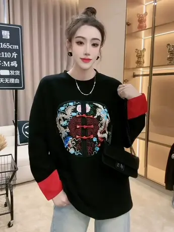 国风长袖T恤卫衣女2024春装新款圆领刺绣宽松复古休闲打底上衣潮商品大图