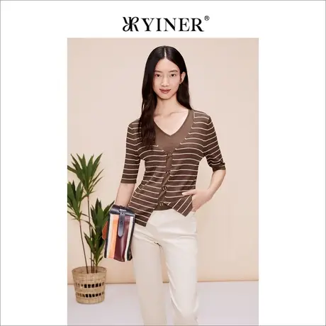 YINER音儿女装夏季时尚V领五分袖肌理感针织衫套头商品大图