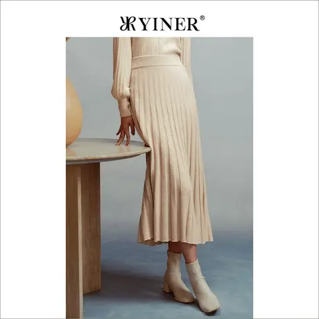 【裸感羊绒】YINER音儿女装冬季舒适绵羊毛收褶半身裙商品大图